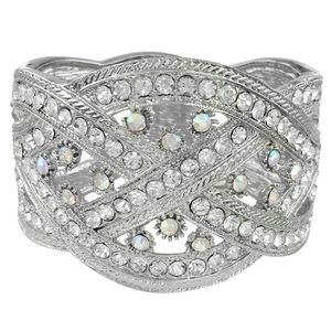 Clear & AB Iridescent Rhinestone Bling Chunky Statement Hinged Bangle Bracelet